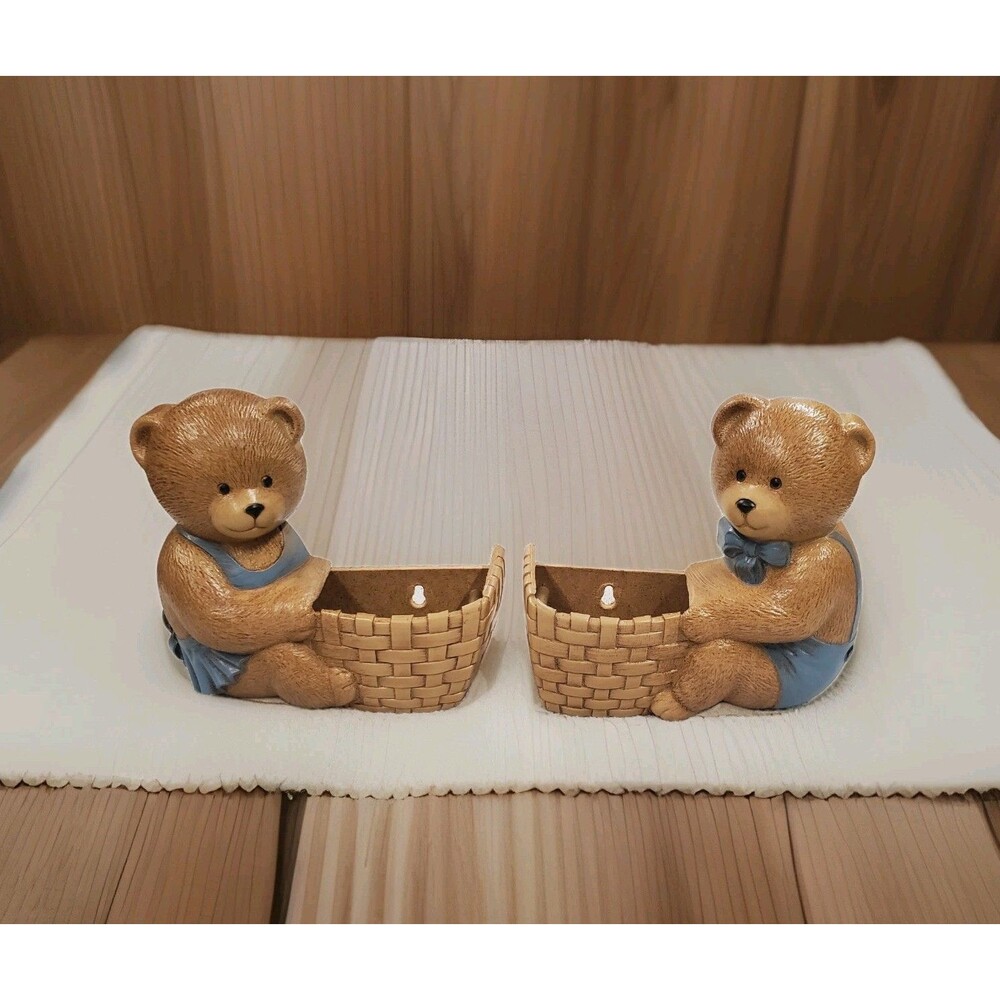 Vtg HOMCO Teddy Bears Planters Hanging Wall Pocket Basket Boy Girl Pair New 1989